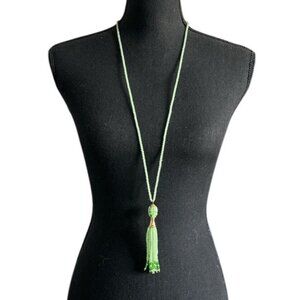 Womens Anthropologie Necklace Green Glass Bead Tassels Scarab